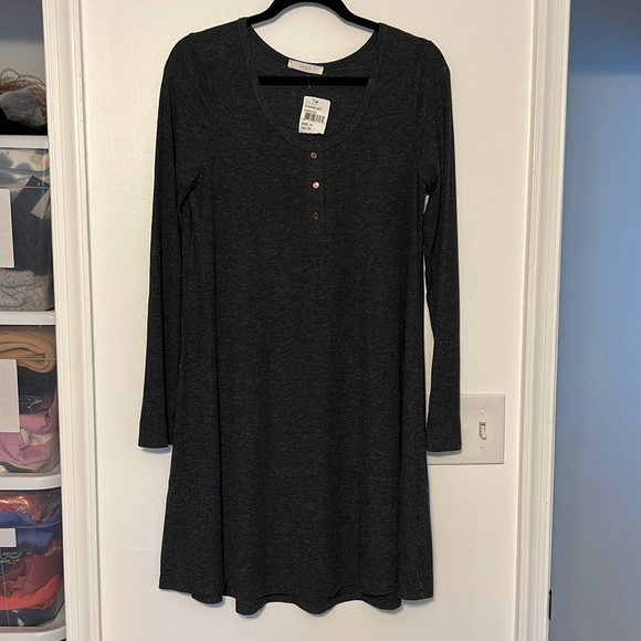 Lush Charcoal Ribbed Henley Long Sleeve Dress - Picture 1 of 10